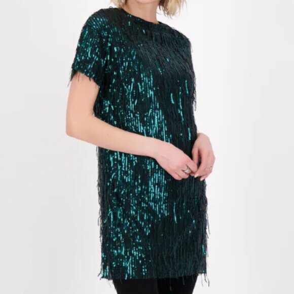 💥SHOWSTOPPER💥1920's Flapper Style Sequin & Fringe Cocktail Dr in Emerald Green - Picture 8 of 16